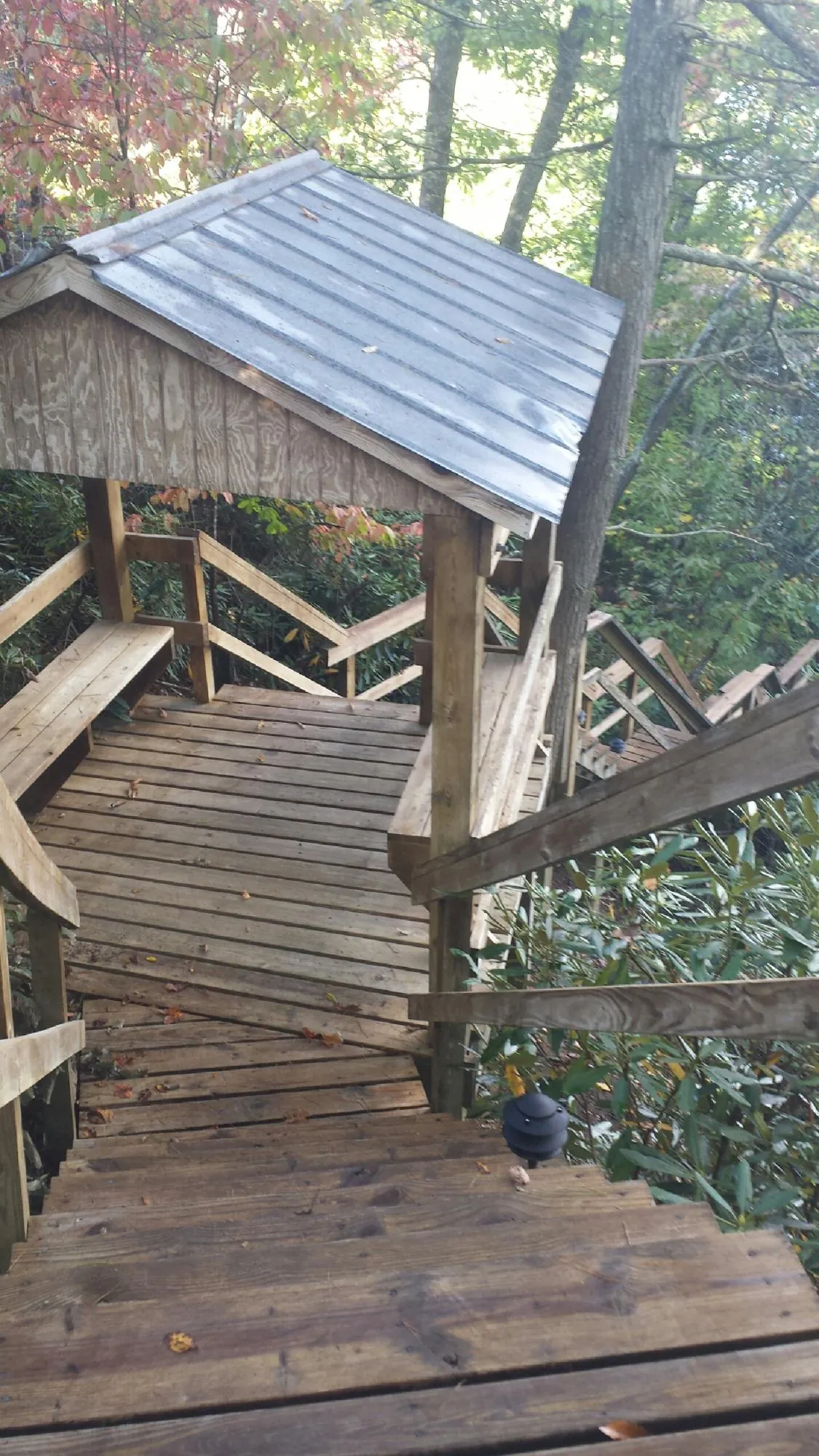 Metal roofed shelter over wooden steps on a wooded walkway — Skylight Repair & Installation work by our crew in Polaris